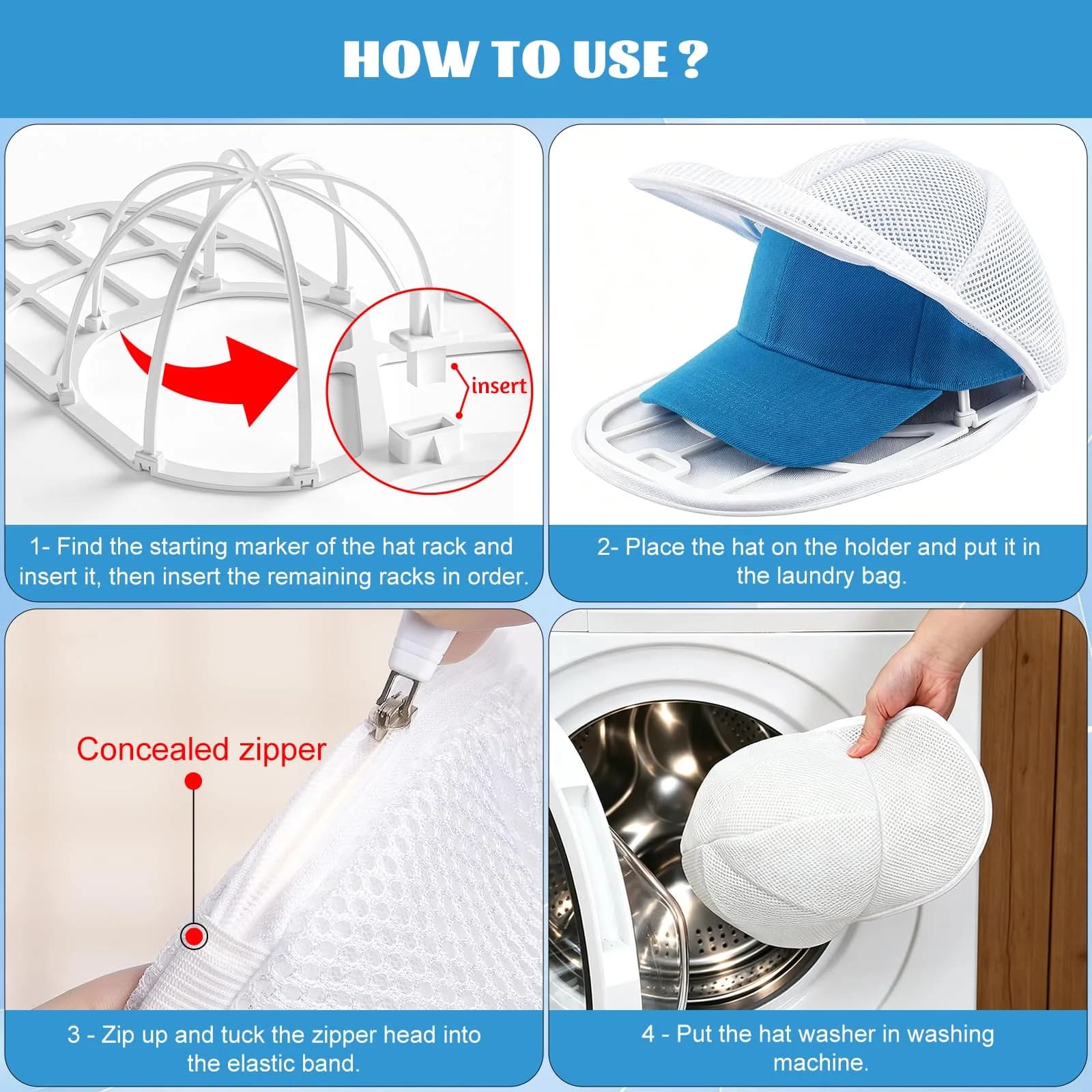 Eiito Hat Washer Cage with Mesh Bag - White, 1 Pack - Keep Your Baseball Caps Clean in Machine or Dishwasher - view 4