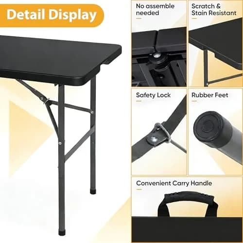 Saicool Portable Folding Table 4FT Black | Heavy Duty Plastic Indoor Outdoor thumbnail 4