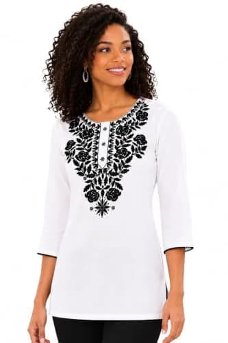 LIBOZA Rayon Chikankari Kurti for Women - White Round Neck Long Sleeve Tunic Top XL | 28 cm (11 in) thumbnail 1