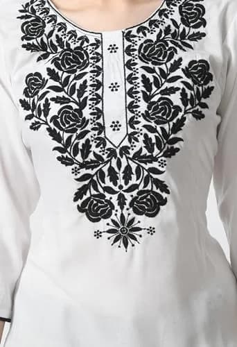 LIBOZA Rayon Chikankari Kurti for Women - White Round Neck Long Sleeve Tunic Top XL | 28 cm (11 in) thumbnail 4