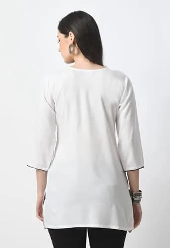 LIBOZA Rayon Chikankari Kurti for Women - White Round Neck Long Sleeve Tunic Top XL | 28 cm (11 in) thumbnail 5