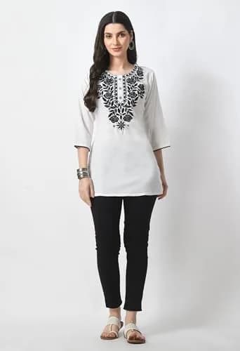 LIBOZA Rayon Chikankari Kurti for Women - White Round Neck Long Sleeve Tunic Top XL | 28 cm (11 in) thumbnail 6