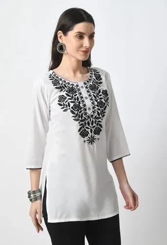 LIBOZA Rayon Chikankari Kurti for Women - White Round Neck Long Sleeve Tunic Top XL | 28 cm (11 in) thumbnail 7