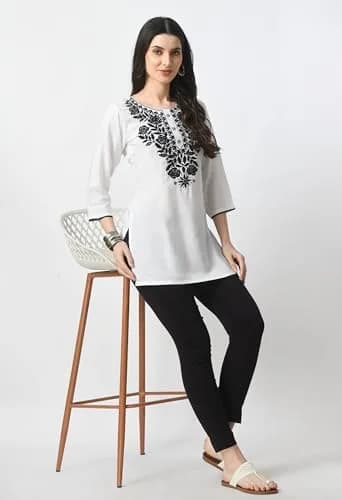 LIBOZA Rayon Chikankari Kurti for Women - White Round Neck Long Sleeve Tunic Top XL | 28 cm (11 in) thumbnail 2
