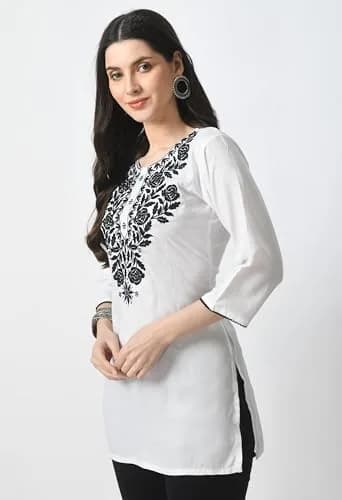 LIBOZA Rayon Chikankari Kurti for Women - White Round Neck Long Sleeve Tunic Top XL | 28 cm (11 in) thumbnail 3