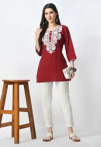 LIBOZA Rayon Chikankari Kurti for Women - Red, Medium | Lakhnawi Tunic Top with Long Sleeves thumbnail 4