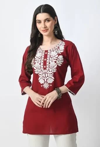 LIBOZA Rayon Chikankari Kurti for Women - Red, Medium | Lakhnawi Tunic Top with Long Sleeves thumbnail 7