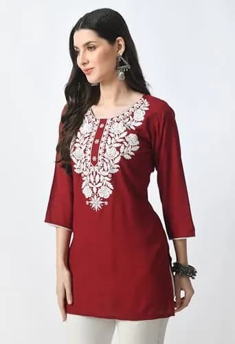 LIBOZA Rayon Chikankari Kurti for Women - Red, Medium | Lakhnawi Tunic Top with Long Sleeves thumbnail 8
