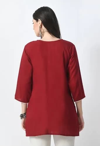 LIBOZA Rayon Chikankari Kurti for Women - Red, Medium | Lakhnawi Tunic Top with Long Sleeves thumbnail 3