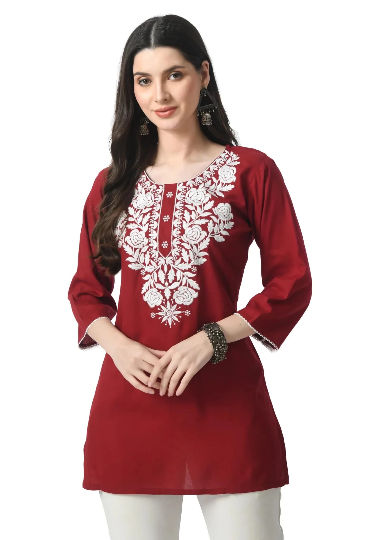 LIBOZA Red Chikankari Rayon Kurti for Women - Short Lakhnawi Tunic Top with Long Sleeves (2XL) — Red