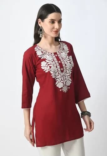 LIBOZA Red Chikankari Rayon Kurti for Women - Short Lakhnawi Tunic Top with Long Sleeves (2XL) thumbnail 5