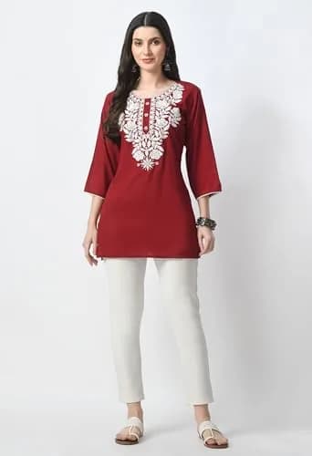 LIBOZA Red Chikankari Rayon Kurti for Women - Short Lakhnawi Tunic Top with Long Sleeves (2XL) thumbnail 6