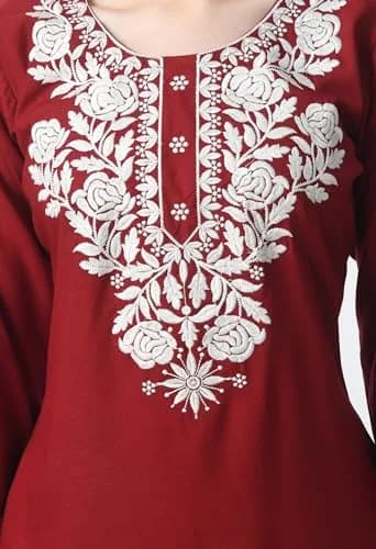 LIBOZA Red Chikankari Rayon Kurti for Women - Short Lakhnawi Tunic Top with Long Sleeves (2XL) thumbnail 2