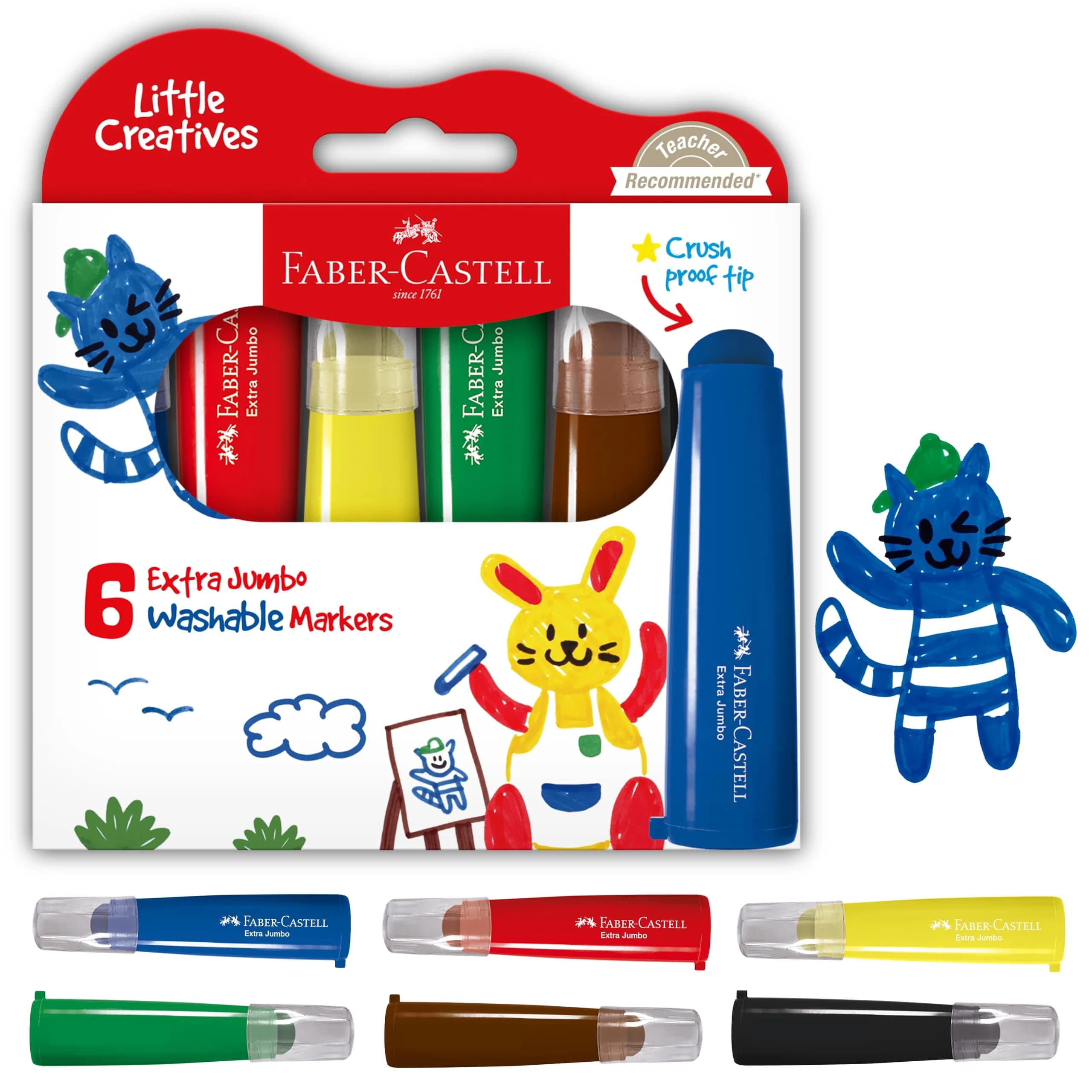 Faber-Castell Little Creatives Extra Jumbo Washable Markers for Kids - 6 Colors (156 g) | Non-Toxic & Teacher-Recommended — Red, Yellow, Green, Blue, Brown, Black