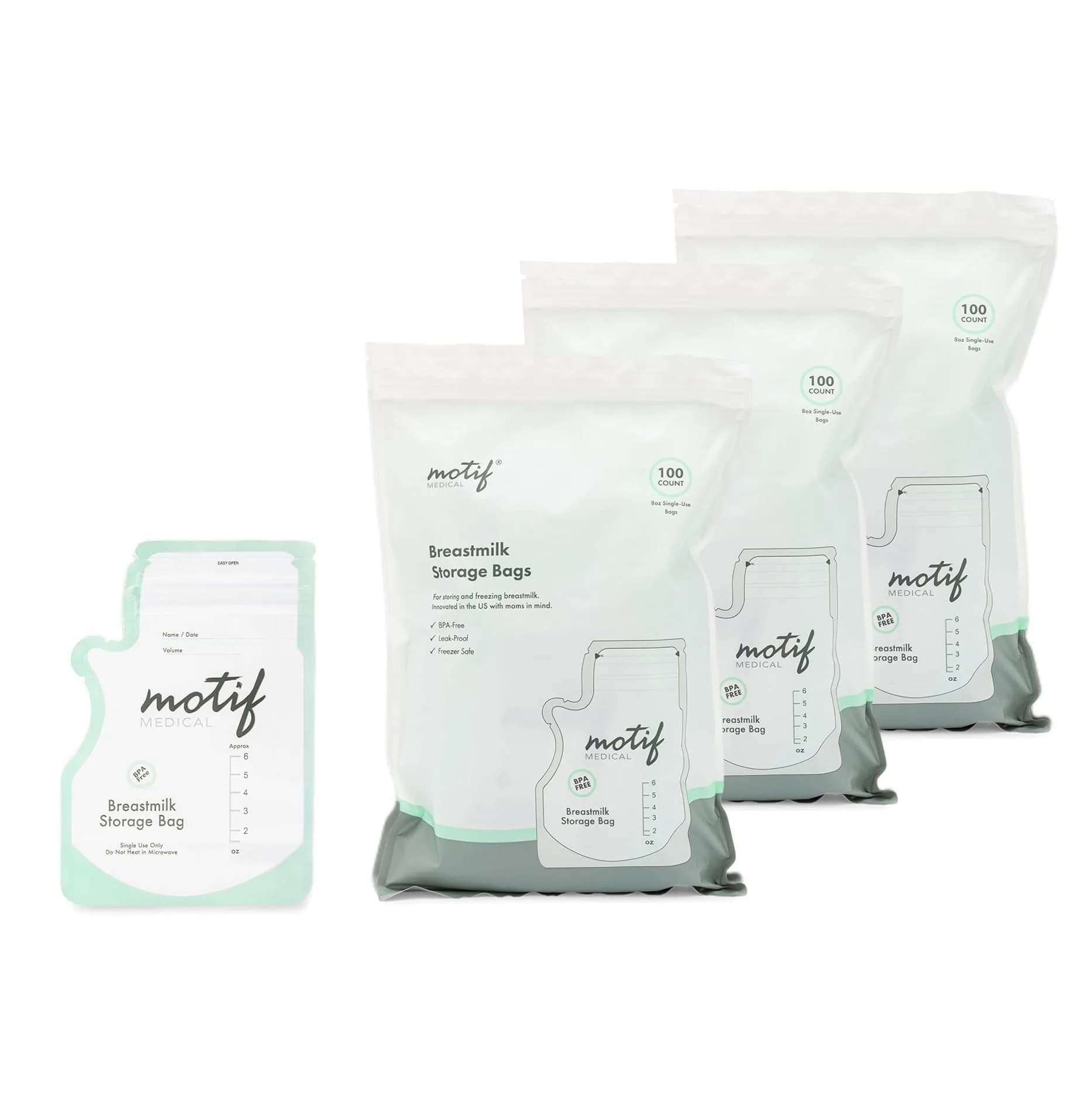 Motif Medical Breastmilk Storage Bags 6 Oz (300 Count) | Leak-Proof Double Zipper & Easy-Pour Spout - main product image