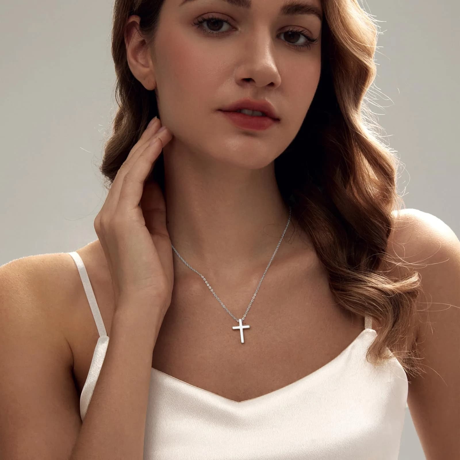 HERIER Classic Cross-Silver Necklace for Women | 18K White Gold Plated 41.9cm (16.5") Faith Jewelry - view 3