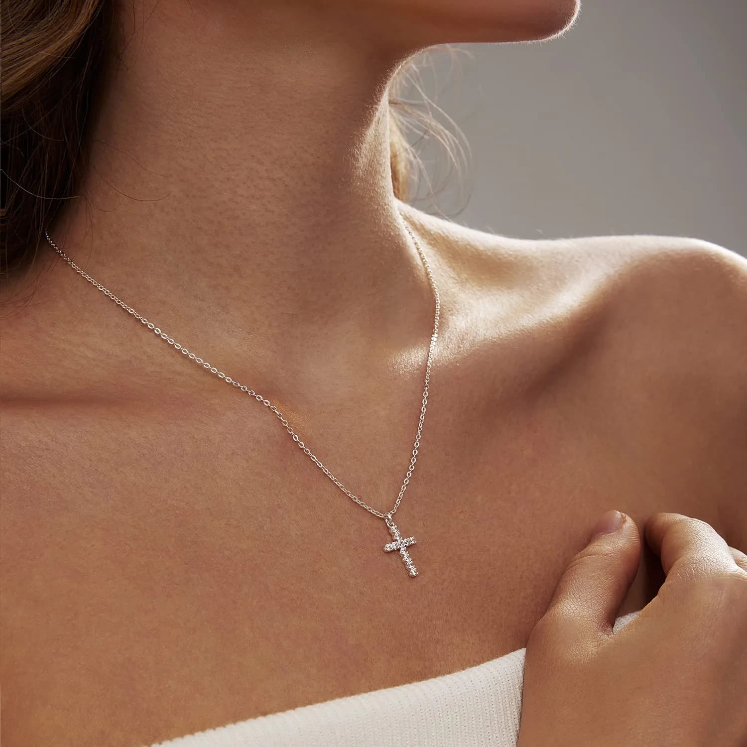 HERIER Dainty CZ Cross Necklace for Women 40cm (16.5" + 2" Extender) | Simple Silver Cross Pendant Jewelry - view 6