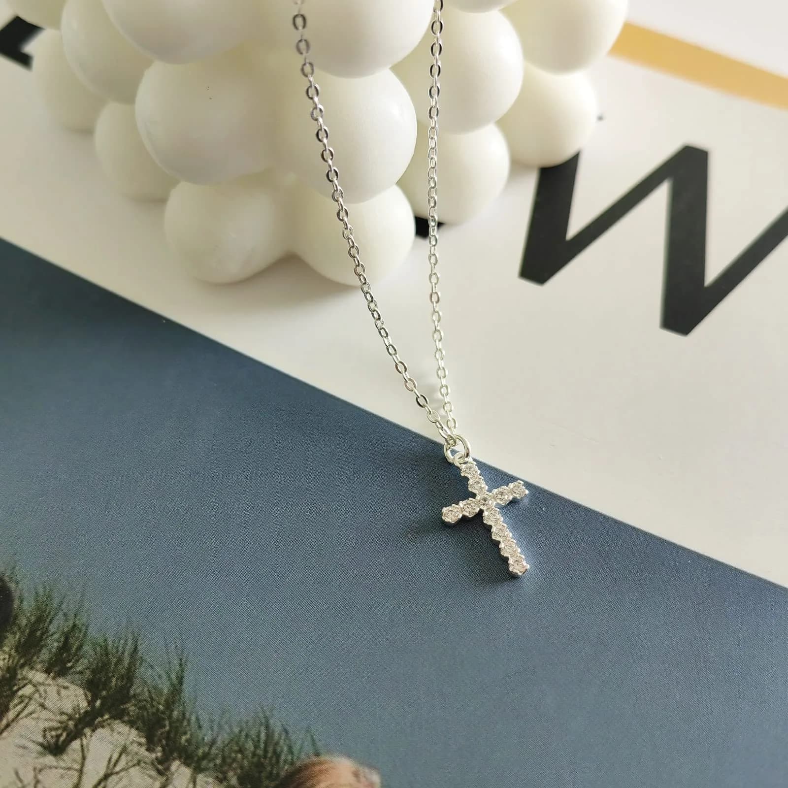 HERIER Dainty CZ Cross Necklace for Women 40cm (16.5" + 2" Extender) | Simple Silver Cross Pendant Jewelry - view 7