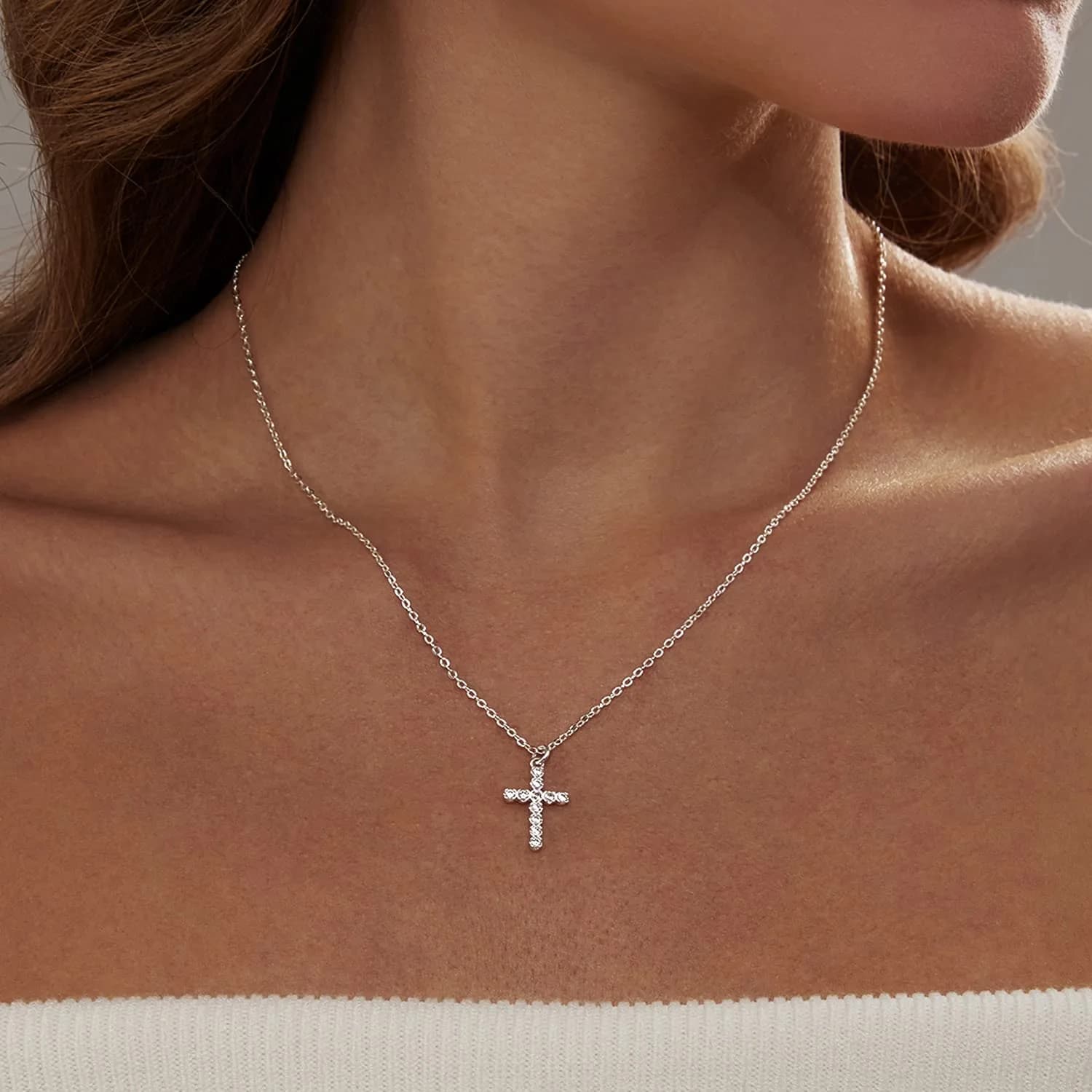 HERIER Dainty CZ Cross Necklace for Women 40cm (16.5" + 2" Extender) | Simple Silver Cross Pendant Jewelry - view 2