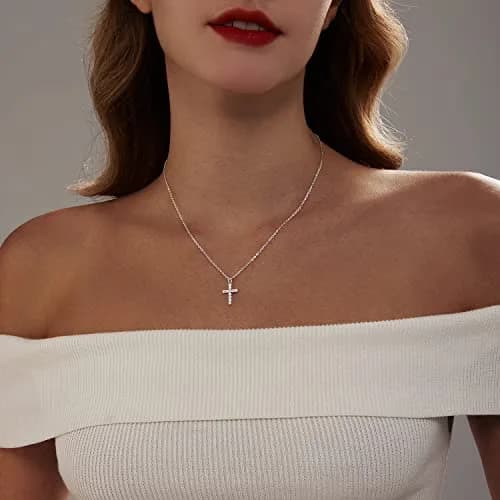 HERIER Dainty CZ Cross Necklace for Women 40cm (16.5" + 2" Extender) | Simple Silver Cross Pendant Jewelry thumbnail 3