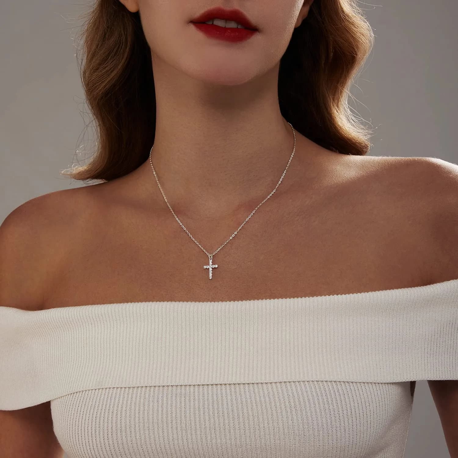 HERIER Dainty CZ Cross Necklace for Women 40cm (16.5" + 2" Extender) | Simple Silver Cross Pendant Jewelry - view 3