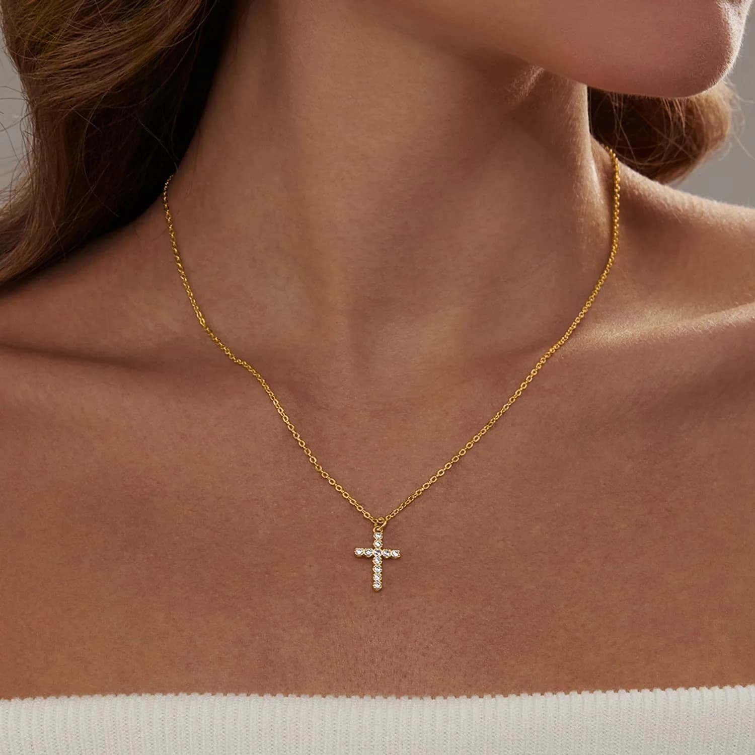 HERIER CZ Cross Necklace for Women - Dainty 14k Gold Plated Tiny Cross Pendant, 41.9cm - view 2