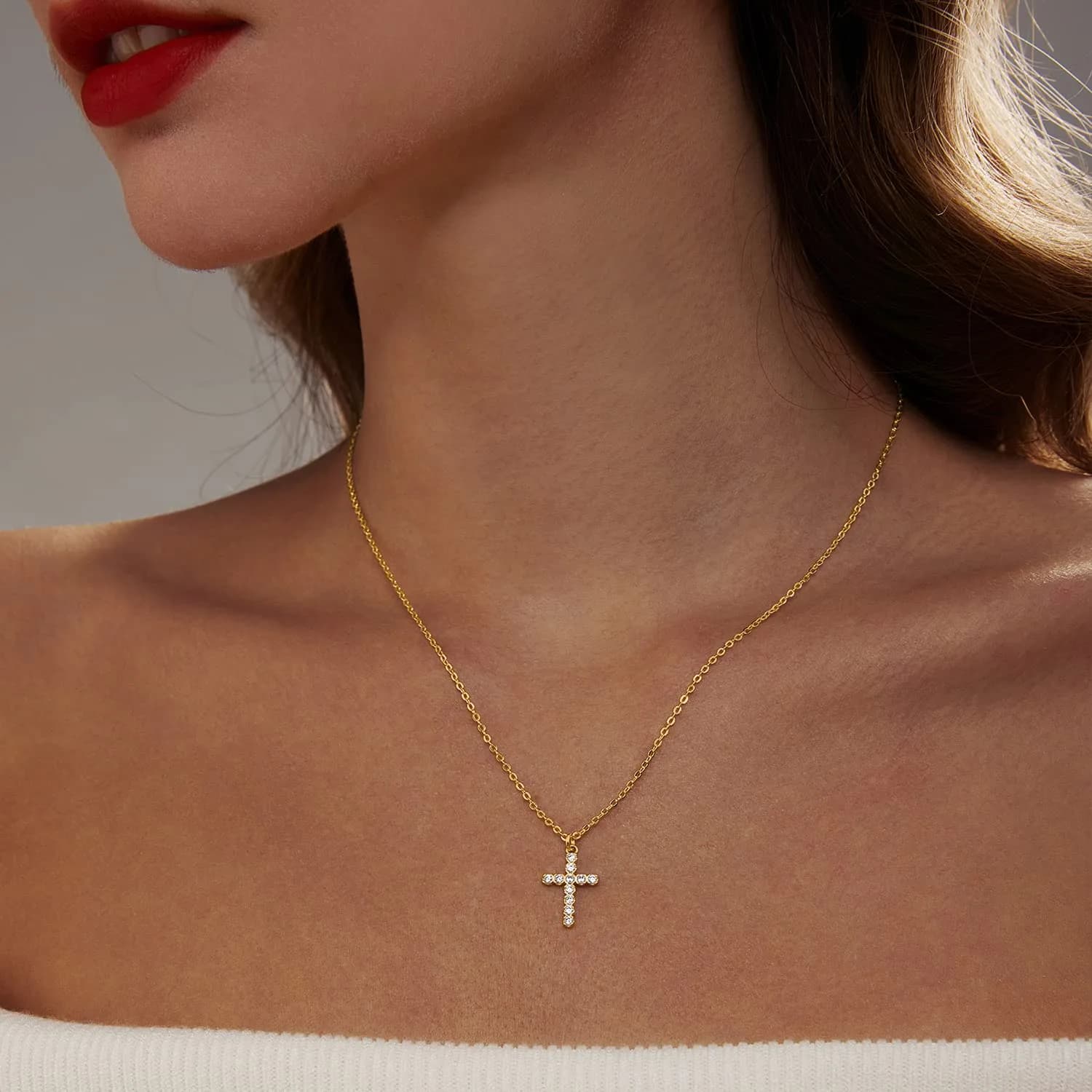 HERIER CZ Cross Necklace for Women - Dainty 14k Gold Plated Tiny Cross Pendant, 41.9cm - view 3