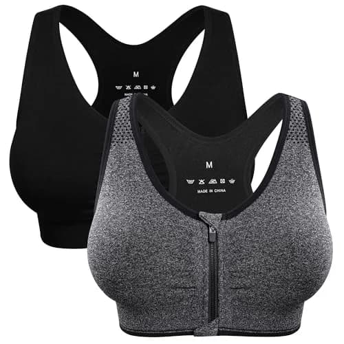 WANAYOU Women's Zip Front Sports Bra Wireless Post-Surgery Bra Workout Bras | Medium Support, Racerback, Removable Pads thumbnail 1
