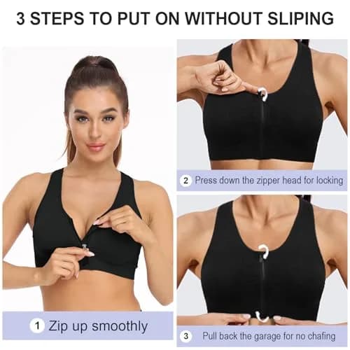 WANAYOU Women's Zip Front Sports Bra Wireless Post-Surgery Bra Workout Bras | Medium Support, Racerback, Removable Pads thumbnail 6