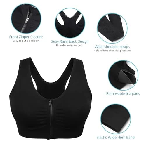 WANAYOU Women's Zip Front Sports Bra Wireless Post-Surgery Bra Workout Bras | Medium Support, Racerback, Removable Pads thumbnail 7