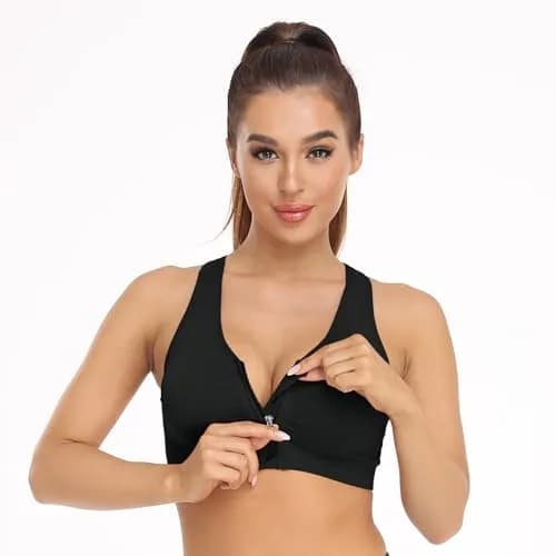 WANAYOU Women's Zip Front Sports Bra Wireless Post-Surgery Bra Workout Bras | Medium Support, Racerback, Removable Pads thumbnail 2