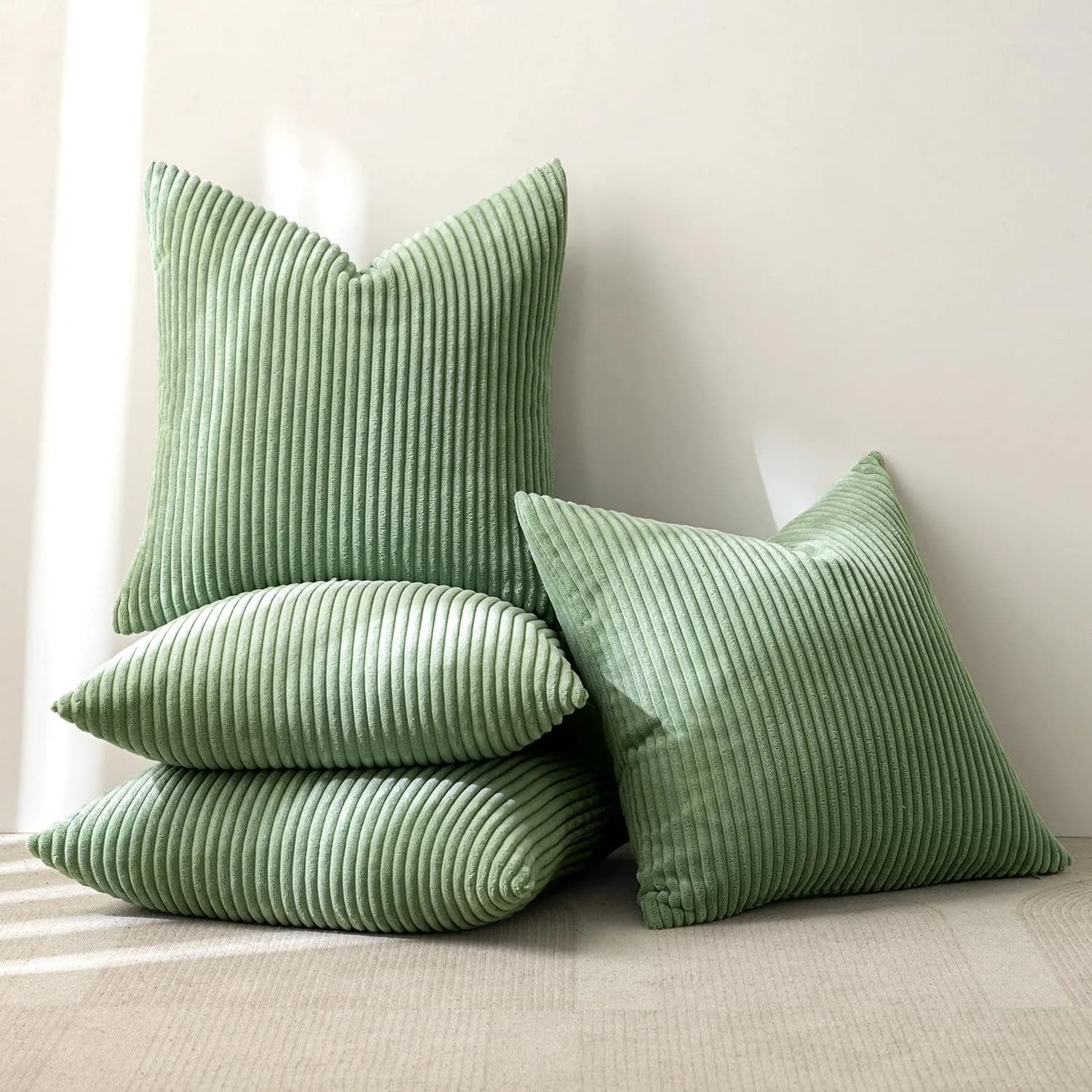 MIULEE Soft Corduroy Decorative Throw Pillow Covers Sage Green 18x18 Inch (45x45 cm) | Pack of 4 Boho Stripe Accent Cases — Sage Green
