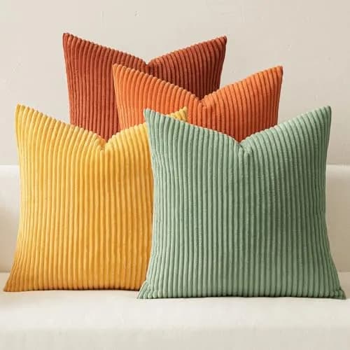 MIULEE Yellow Rust Green Corduroy Decorative Throw Pillow Covers 45x45 cm (18x18 Inch) | Boho Stripe Accent for Living Room thumbnail 1