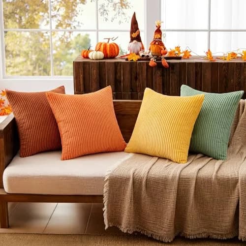 MIULEE Yellow Rust Green Corduroy Decorative Throw Pillow Covers 45x45 cm (18x18 Inch) | Boho Stripe Accent for Living Room thumbnail 2
