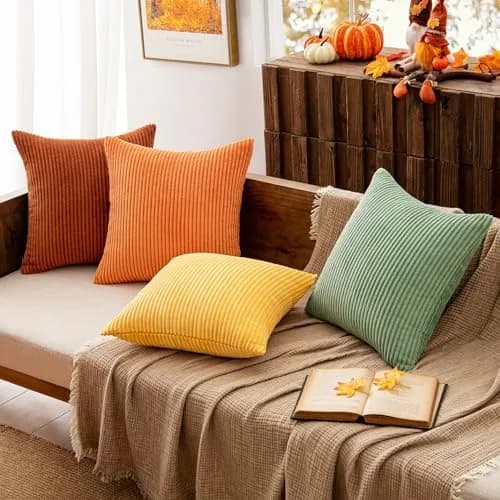 MIULEE Yellow Rust Green Corduroy Decorative Throw Pillow Covers 45x45 cm (18x18 Inch) | Boho Stripe Accent for Living Room thumbnail 3