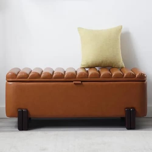Kmax Storage Bench 45" PU Leather Upholstered Ottoman with Wavy Top & Safety Hinge for Bedroom & Entryway, Brown | Modern Design & Large Storage thumbnail 1