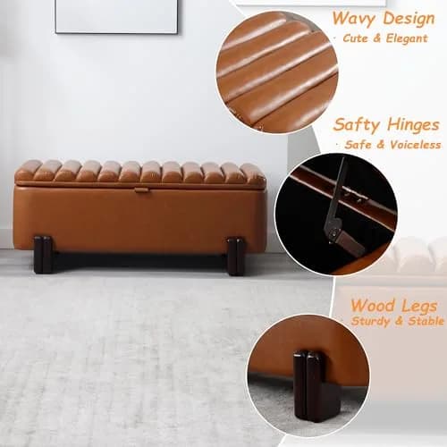 Kmax Storage Bench 45" PU Leather Upholstered Ottoman with Wavy Top & Safety Hinge for Bedroom & Entryway, Brown | Modern Design & Large Storage thumbnail 4