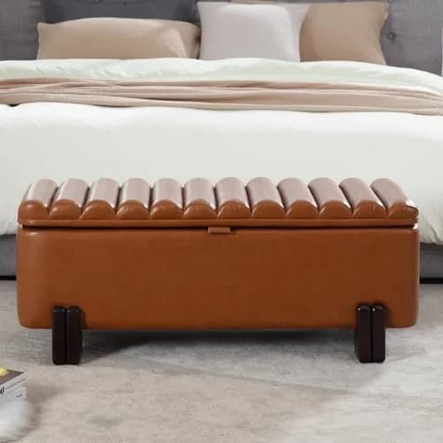 Kmax Storage Bench 45" PU Leather Upholstered Ottoman with Wavy Top & Safety Hinge for Bedroom & Entryway, Brown | Modern Design & Large Storage thumbnail 6