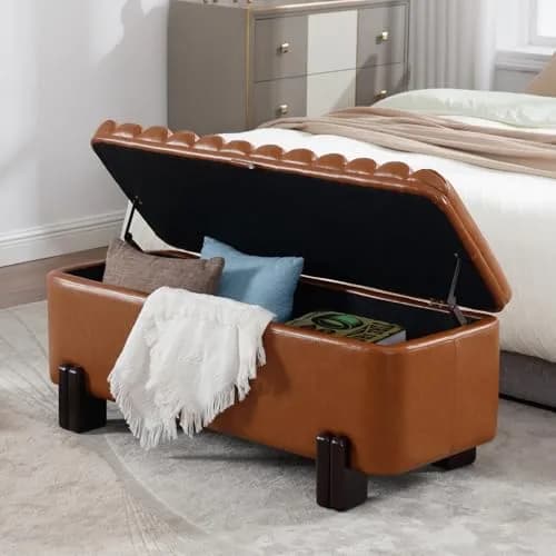 Kmax Storage Bench 45" PU Leather Upholstered Ottoman with Wavy Top & Safety Hinge for Bedroom & Entryway, Brown | Modern Design & Large Storage thumbnail 7