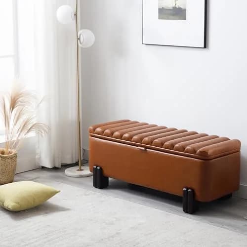 Kmax Storage Bench 45" PU Leather Upholstered Ottoman with Wavy Top & Safety Hinge for Bedroom & Entryway, Brown | Modern Design & Large Storage thumbnail 8