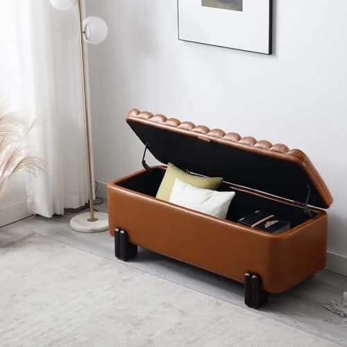 Kmax Storage Bench 45" PU Leather Upholstered Ottoman with Wavy Top & Safety Hinge for Bedroom & Entryway, Brown | Modern Design & Large Storage thumbnail 9