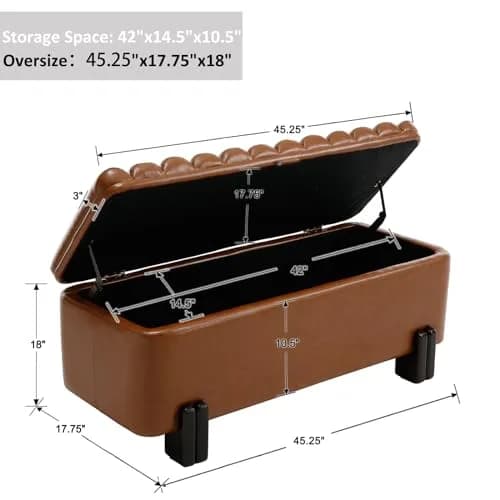 Kmax Storage Bench 45" PU Leather Upholstered Ottoman with Wavy Top & Safety Hinge for Bedroom & Entryway, Brown | Modern Design & Large Storage thumbnail 2