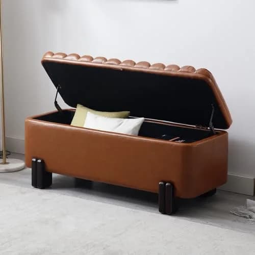 Kmax Storage Bench 45" PU Leather Upholstered Ottoman with Wavy Top & Safety Hinge for Bedroom & Entryway, Brown | Modern Design & Large Storage thumbnail 3