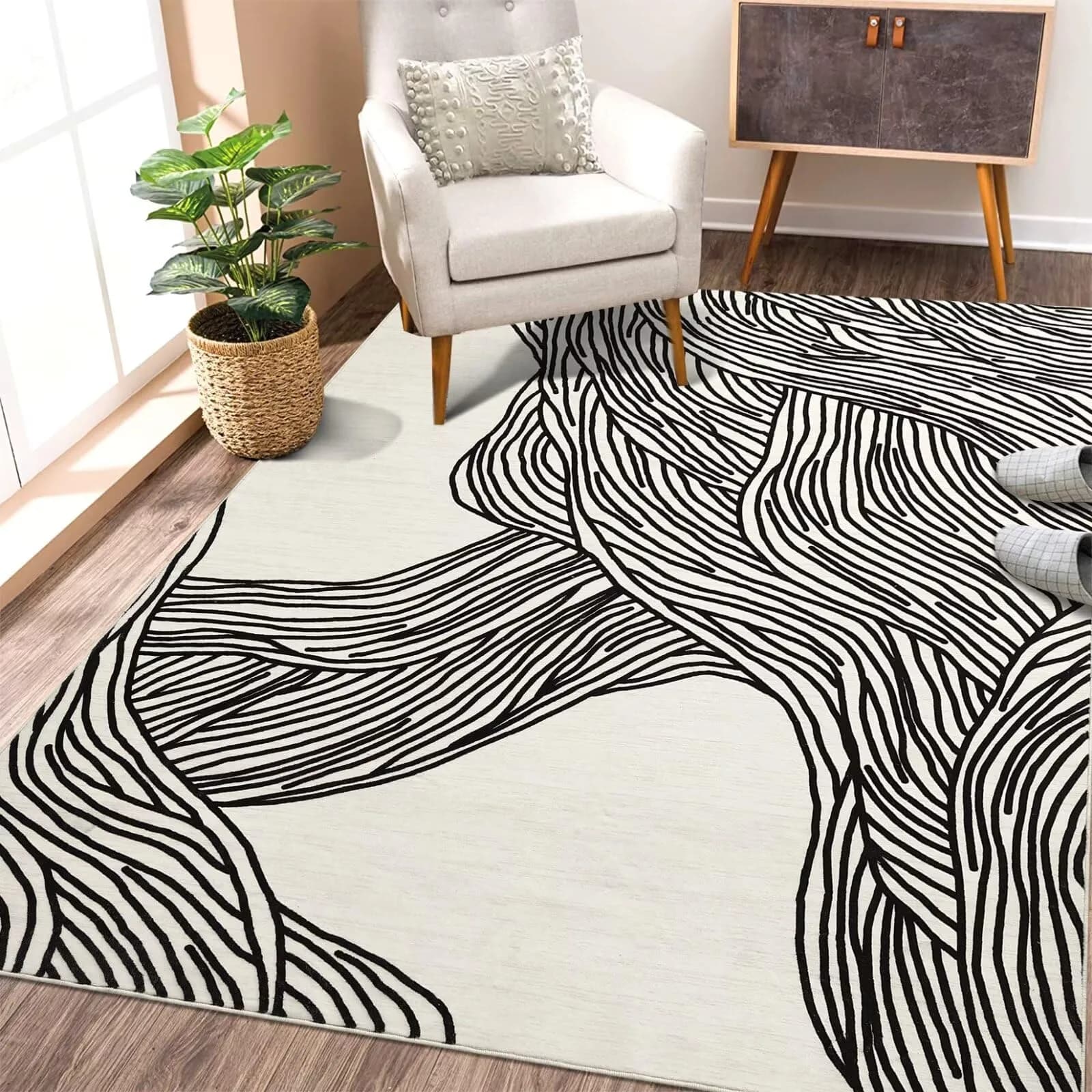 WESTLOOM Modern Area Rug 4x6 | Washable, Minimalist Lines, Soft, Non Slip, Low Pile Floor Carpet for Living Room & Bedroom Beige