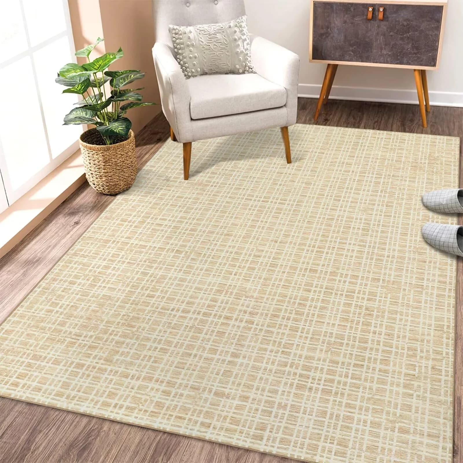WESTLOOM Checkered Indoor Farmhouse Area Rug 5x7 | Washable Non Slip Minimalist Yellow