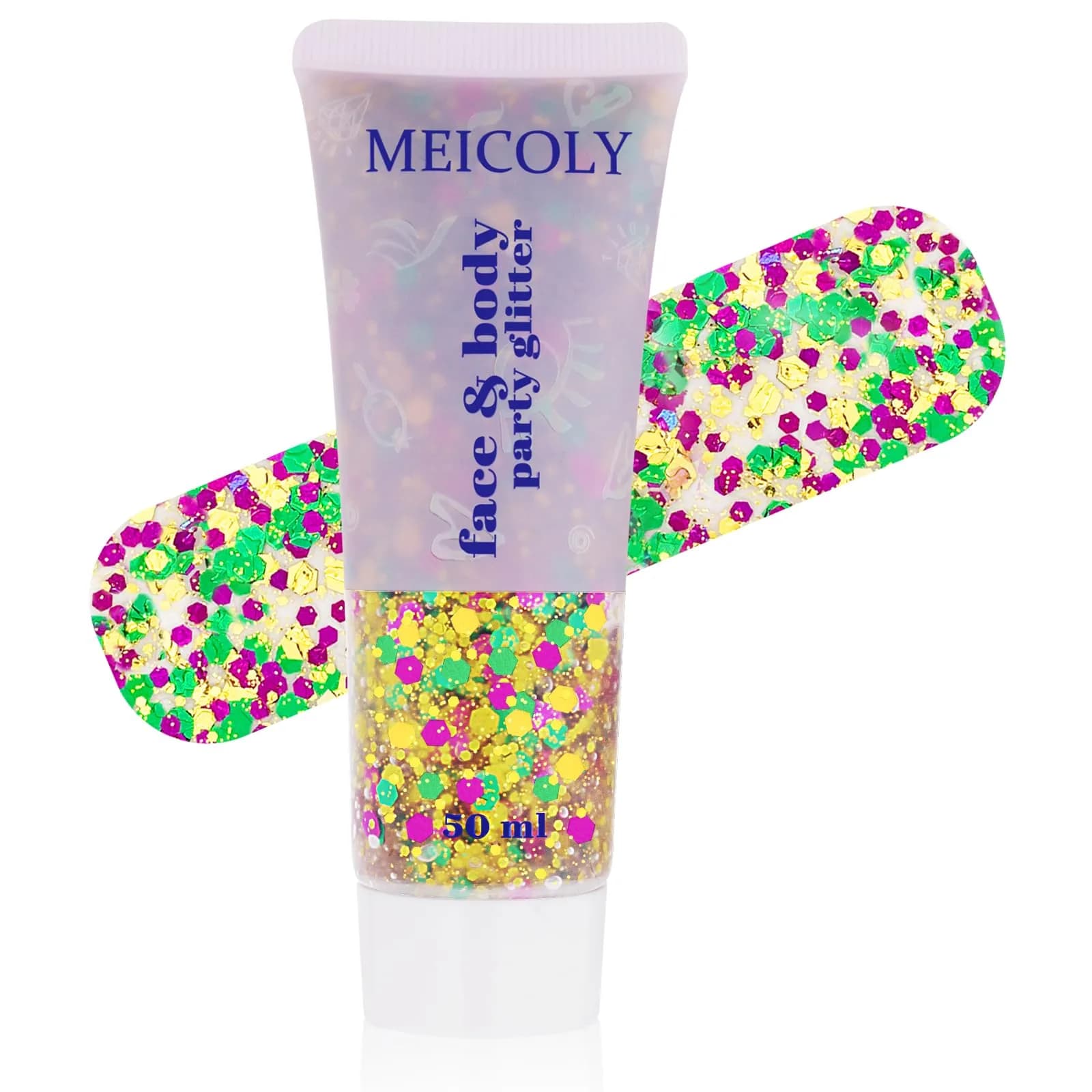 MEICOLY Mardi Gras Brazil Face Glitter Gel, Holographic Body Glitter 50ml (1.9 Fl Oz) | Self-Adhesive Sparkle for Festivals - main product image
