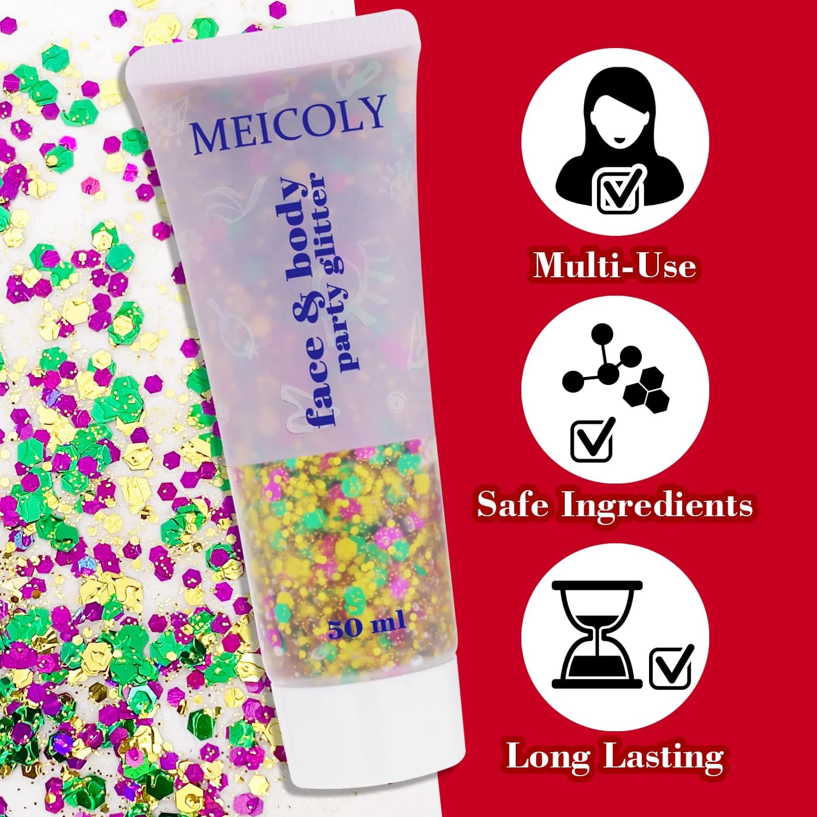 MEICOLY Mardi Gras Brazil Face Glitter Gel, Holographic Body Glitter 50ml (1.9 Fl Oz) | Self-Adhesive Sparkle for Festivals - view 5