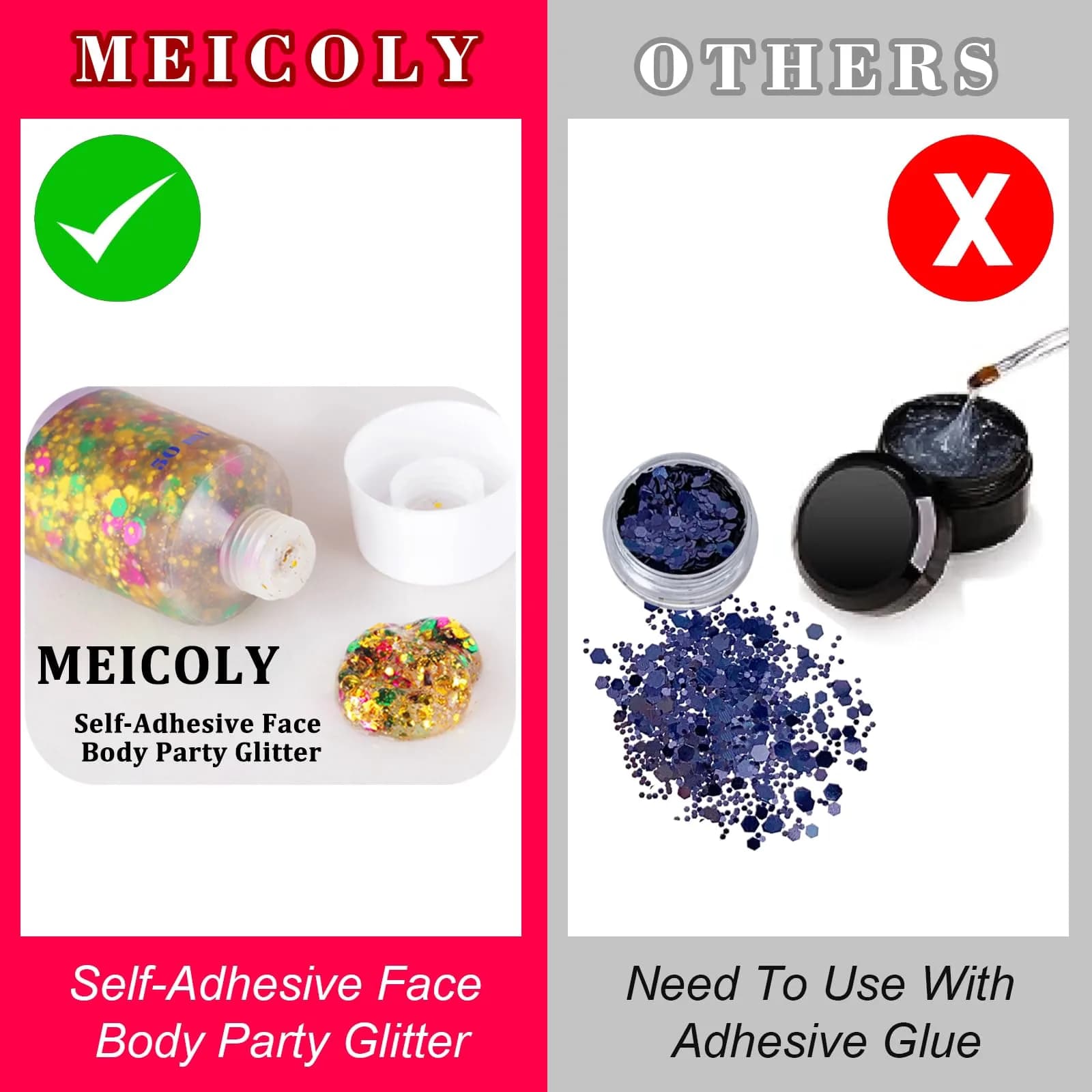 MEICOLY Mardi Gras Brazil Face Glitter Gel, Holographic Body Glitter 50ml (1.9 Fl Oz) | Self-Adhesive Sparkle for Festivals - view 6