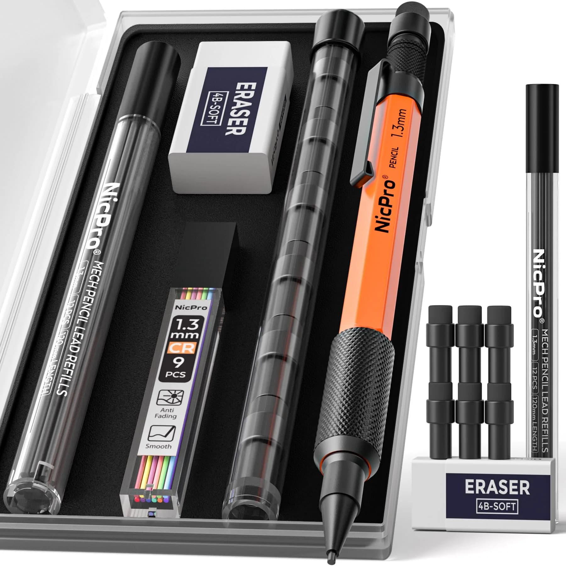 Nicpro MP2000 1.3mm Metal Mechanical Pencil Set with Case (Orange) | Smooth Ink Flow - main product image