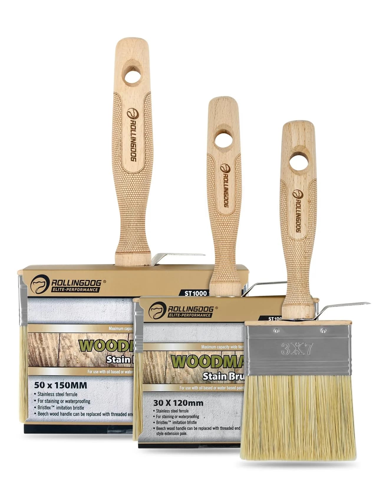 ROLLINGDOG Deck Stain Brush Set 70mm, 120mm, 150mm (2.7", 4.5", 6") | 3-Piece Set for Walls, Decks, and Furniture - view 6